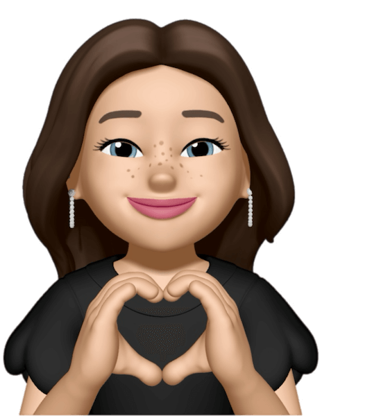 Illustration of a person with long brown hair, wearing a black shirt, and silver earrings. They are smiling and making a heart shape with their hands, radiating warmth akin to the charm of Lash & Brow Studio’s style.