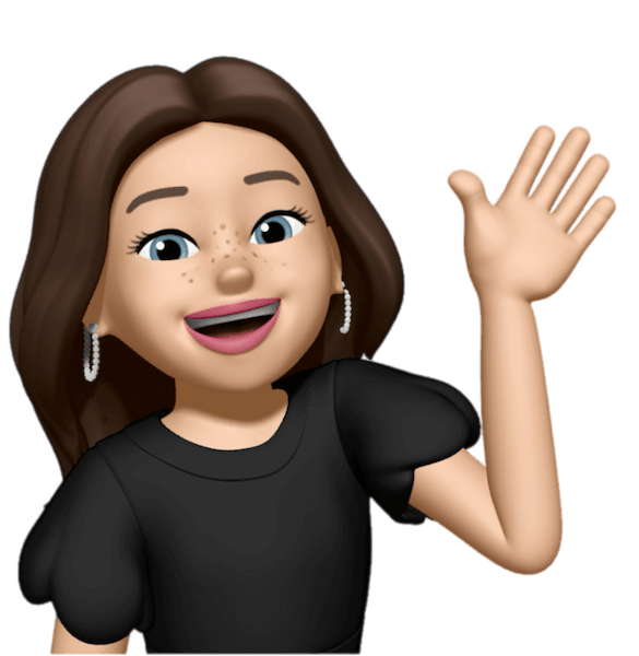 An animated character with long brown hair, reflecting the elegance of a Lash & Brow Studio, is wearing hoop earrings and a black top, smiling and waving.
