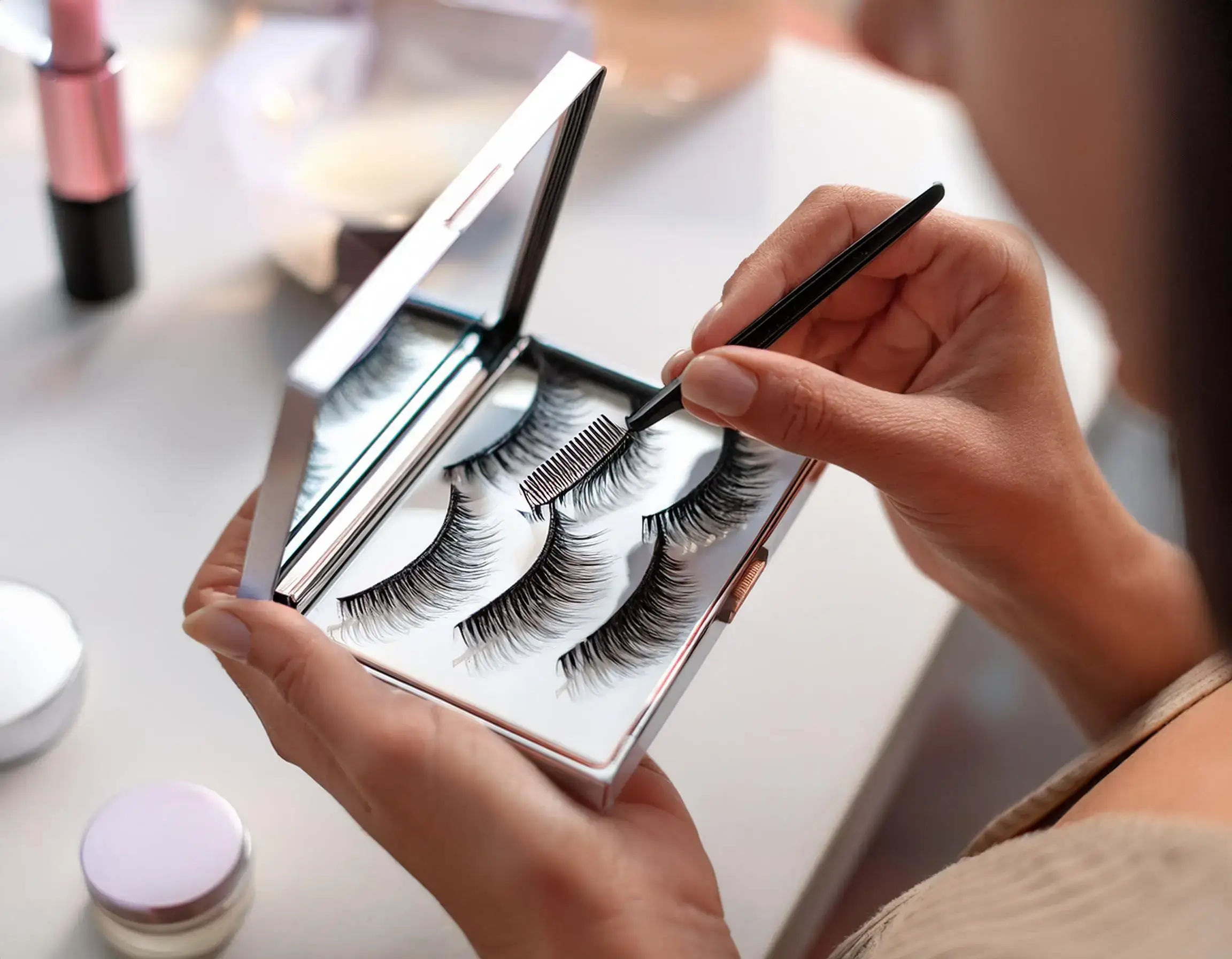 A person holds a compact box of false eyelashes with a mirror, pondering the question, Are eyelash extensions haram? They use tweezers to pick up a pair, as various makeup items blur softly in the background, enhancing their beauty routine.