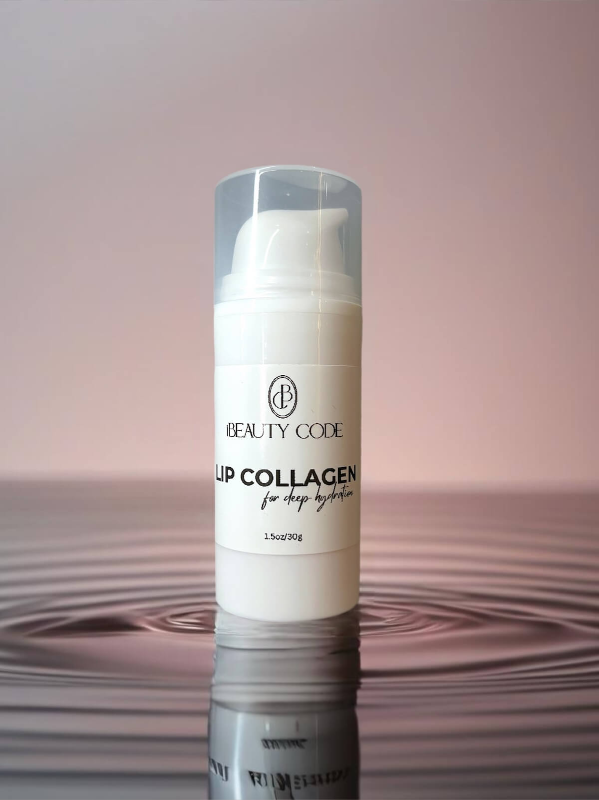 A white bottle of Beauty Code Collagen Lip Balm for deep hydration stands on a rippling water surface. The capped bottle is set against a gradient of warm hues, enhancing its allure.